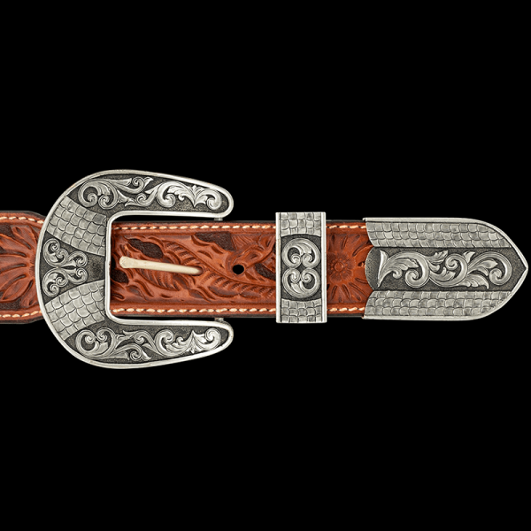 Our Durango Three Piece Buckle is stylish, durable, and  has a classic look that will never go out of style. Features a hand matted base with silver scrollwork and a brick pattern on buckle, loop and tip. Order it now!